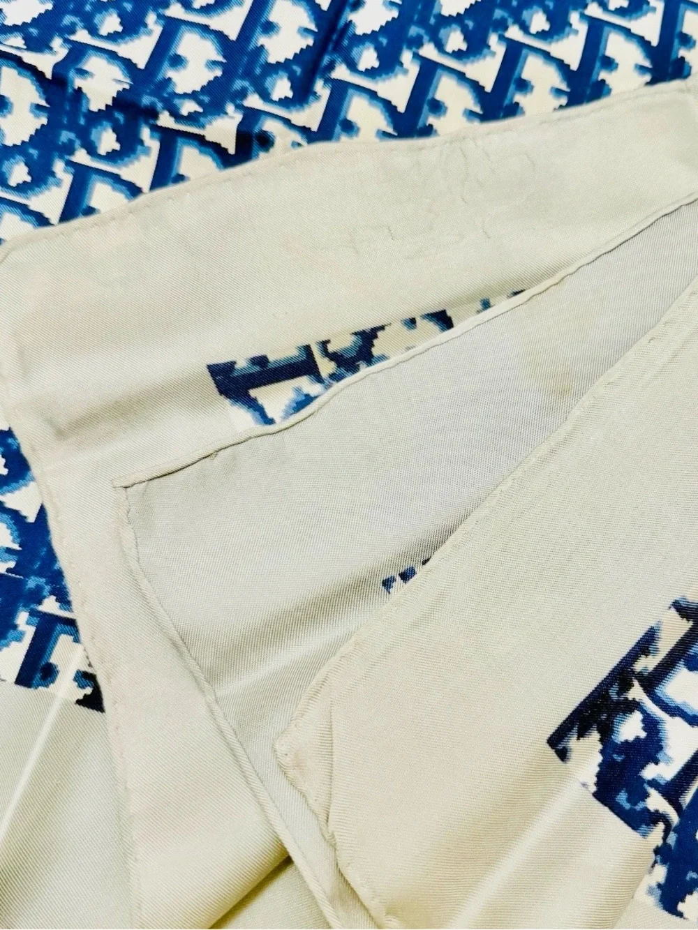 Christian Dior Vintage Silk Blue Oblique Monogram Scarf w/ box
